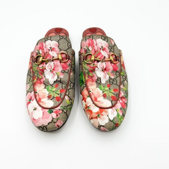 Gucci Princetown Pink Bloom Supreme GG Horsebit Mules Slippers Canvas Loafers - Picture 2 of 12